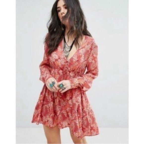 Free People Orange Floral Mini Tunic Dress Long Sleeve Deep VNeck - Picture 9 of 9